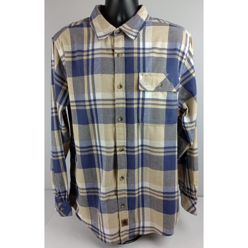 Legendary White Tails Men's L Tan Blue Plaid Long Sleeve Button Up Flannel Shirt